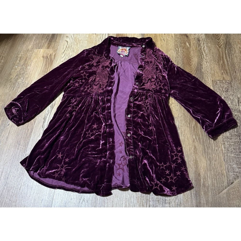 Johnny Was Roberta Velvet Smock Shirt Burgundy Embroidered Boho Size Medium